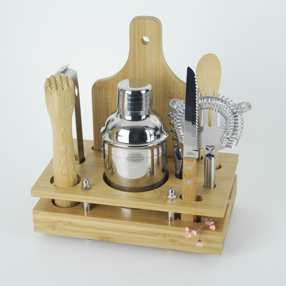 Conjunto Para Bar Em Bambu / Madeira / Inox - 8 Pçs