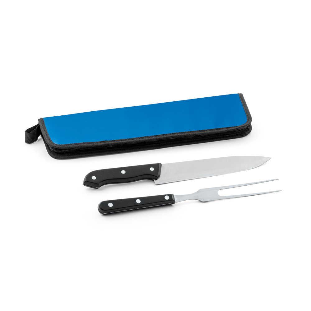 Kit churrasco em estojo em 210D em 2 utensílios em aço inox e PP — Azul
